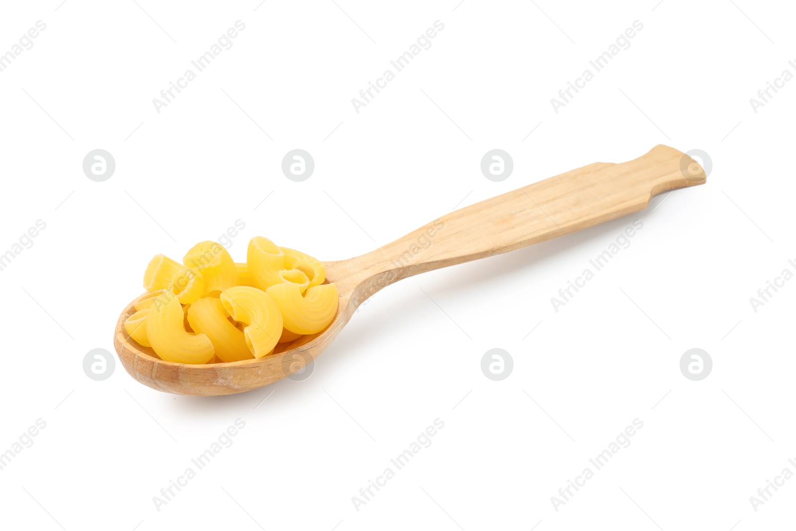 Photo of Raw horns pasta in spoon isolated on white