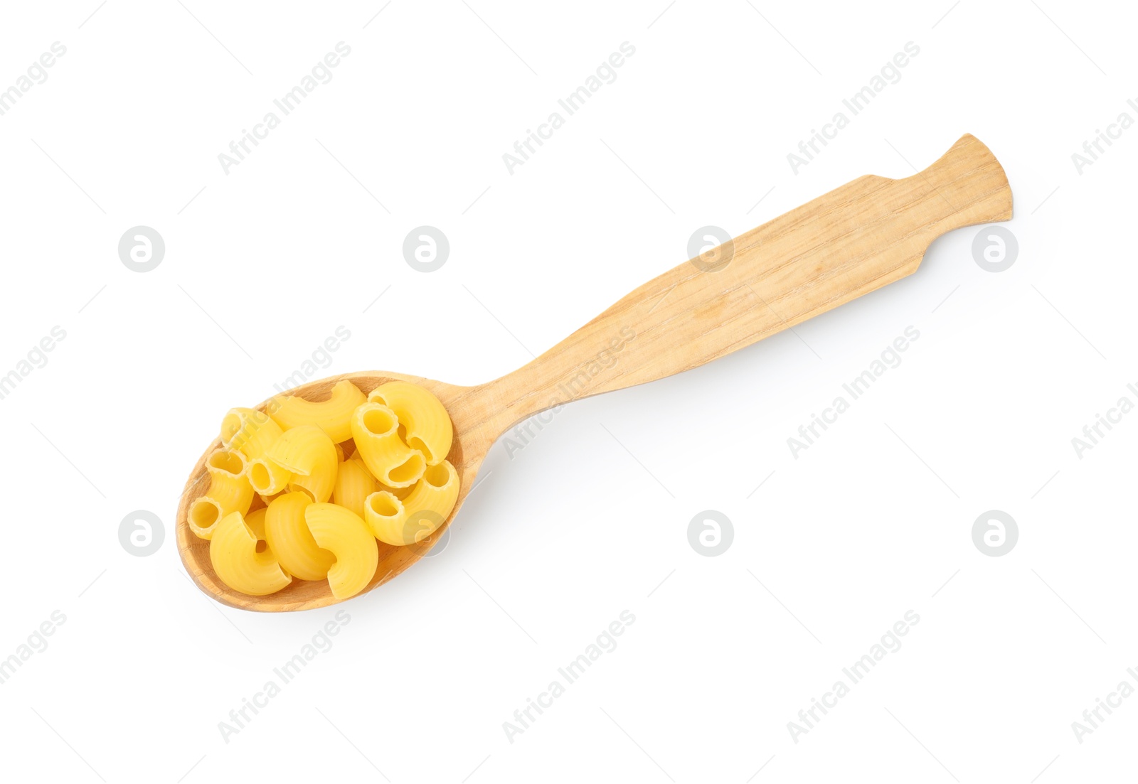 Photo of Raw horns pasta in spoon isolated on white, top view