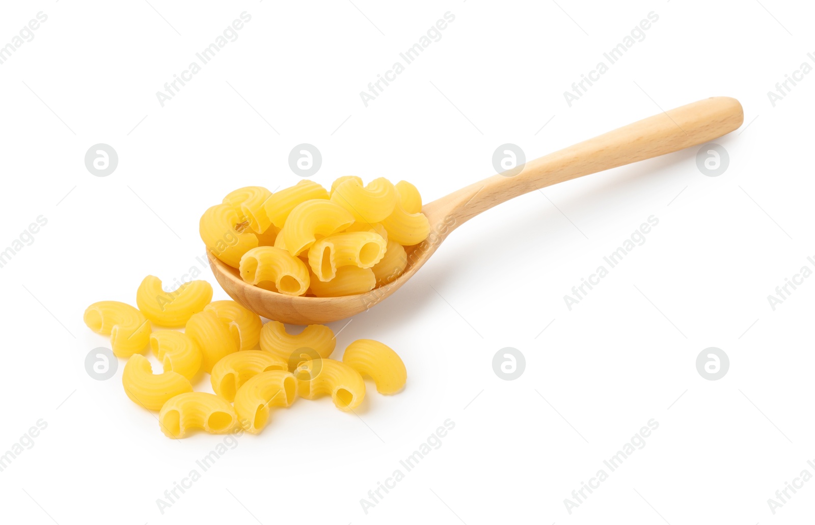 Photo of Raw horns pasta in spoon isolated on white