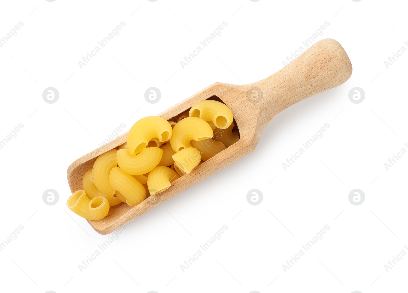 Photo of Raw horns pasta in scoop isolated on white, top view