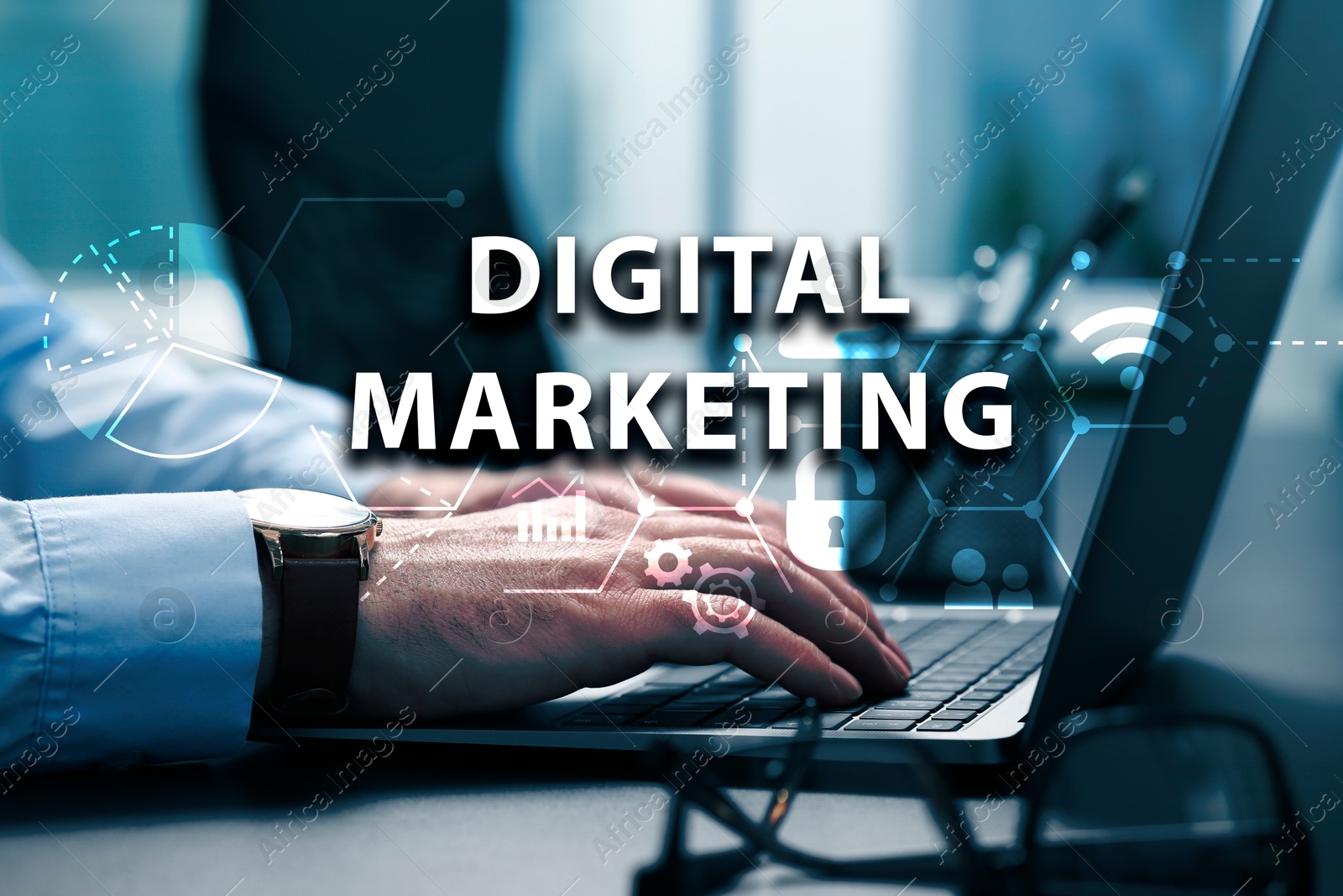 Image of Digital marketing. Businessman using laptop at table, toned in blue. Scheme with icons