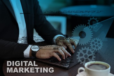 Image of Digital marketing. Businessman using laptop at table, closeup