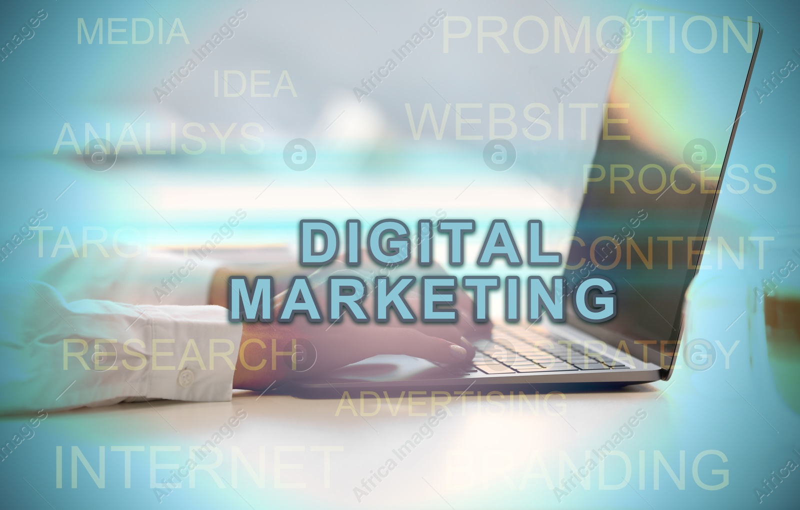 Image of Digital marketing. Businesswoman using laptop at table and words, closeup