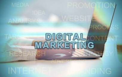 Image of Digital marketing. Businesswoman using laptop at table and words, closeup