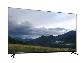 Image of TV set with mountain landscape on screen isolated on white