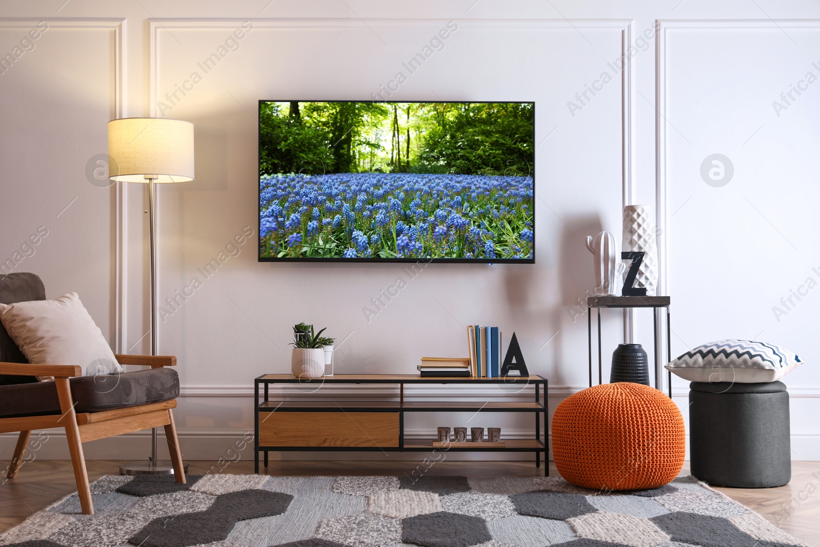 Image of TV set with nature landscape on screen in room