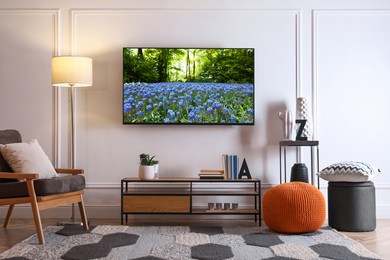 Image of TV set with nature landscape on screen in room