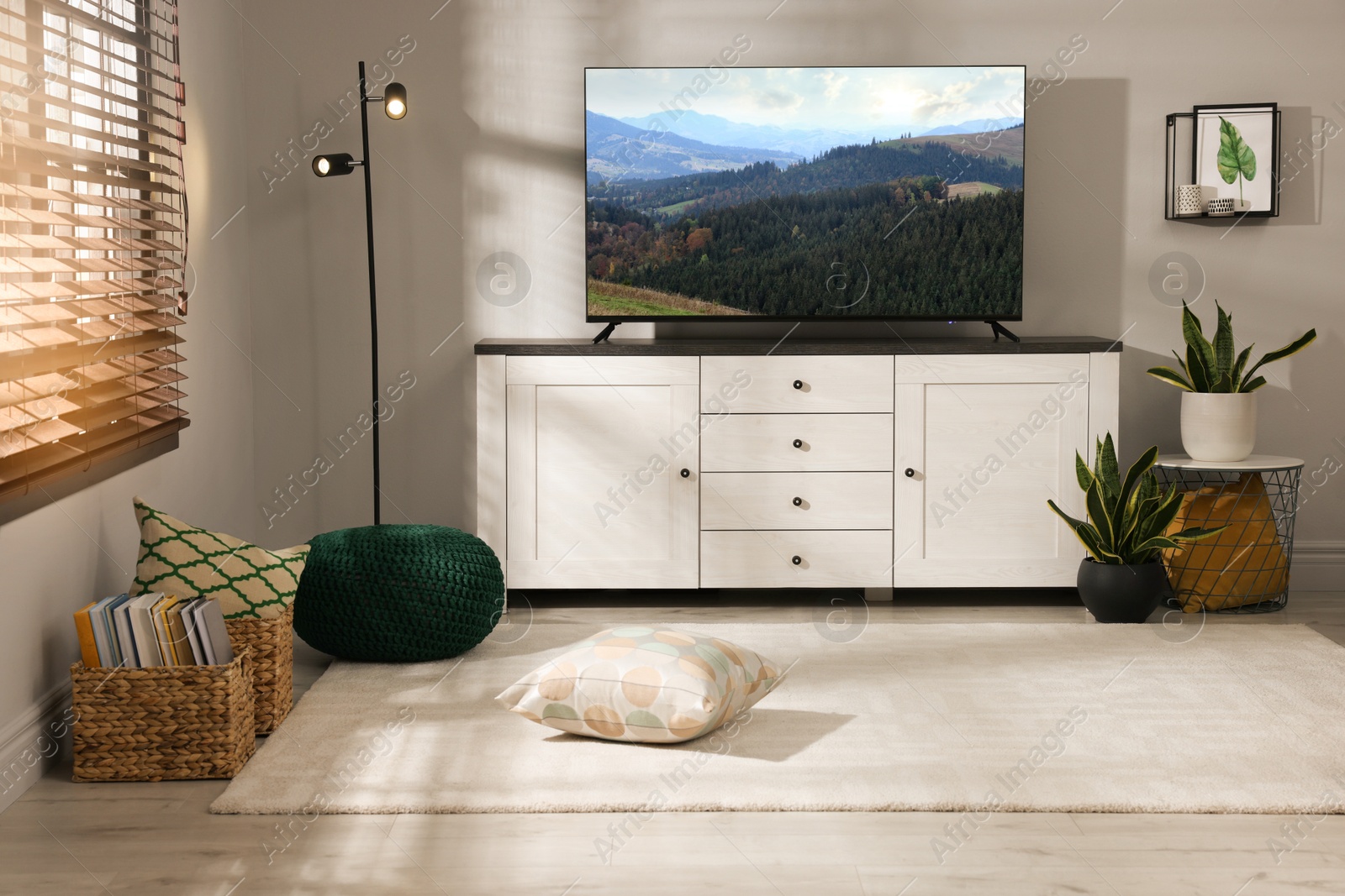 Image of TV set with mountain landscape on screen in room