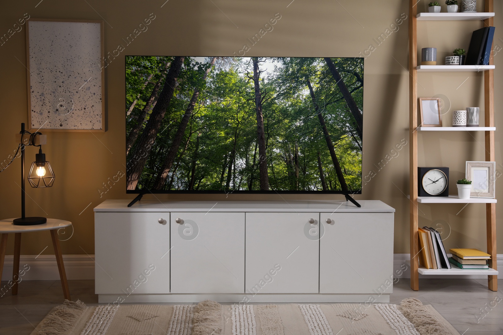 Image of TV set with nature landscape on screen in room