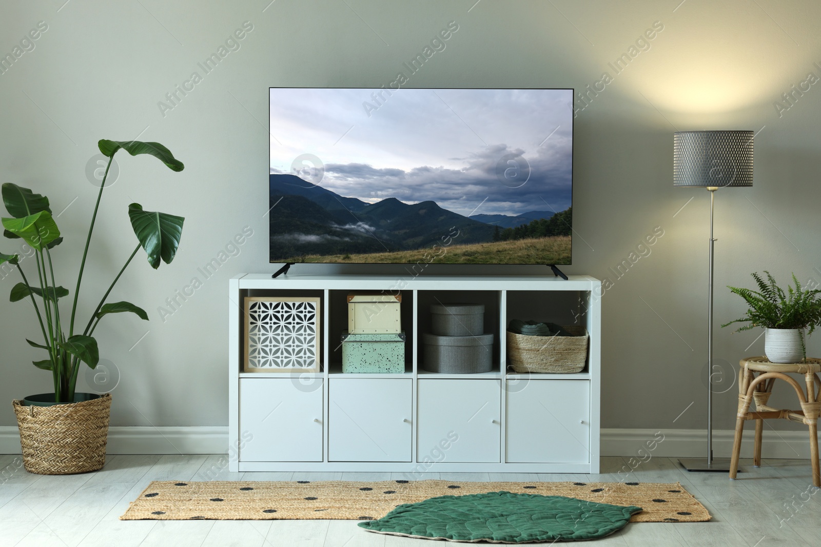 Image of TV set with nature landscape on screen in room