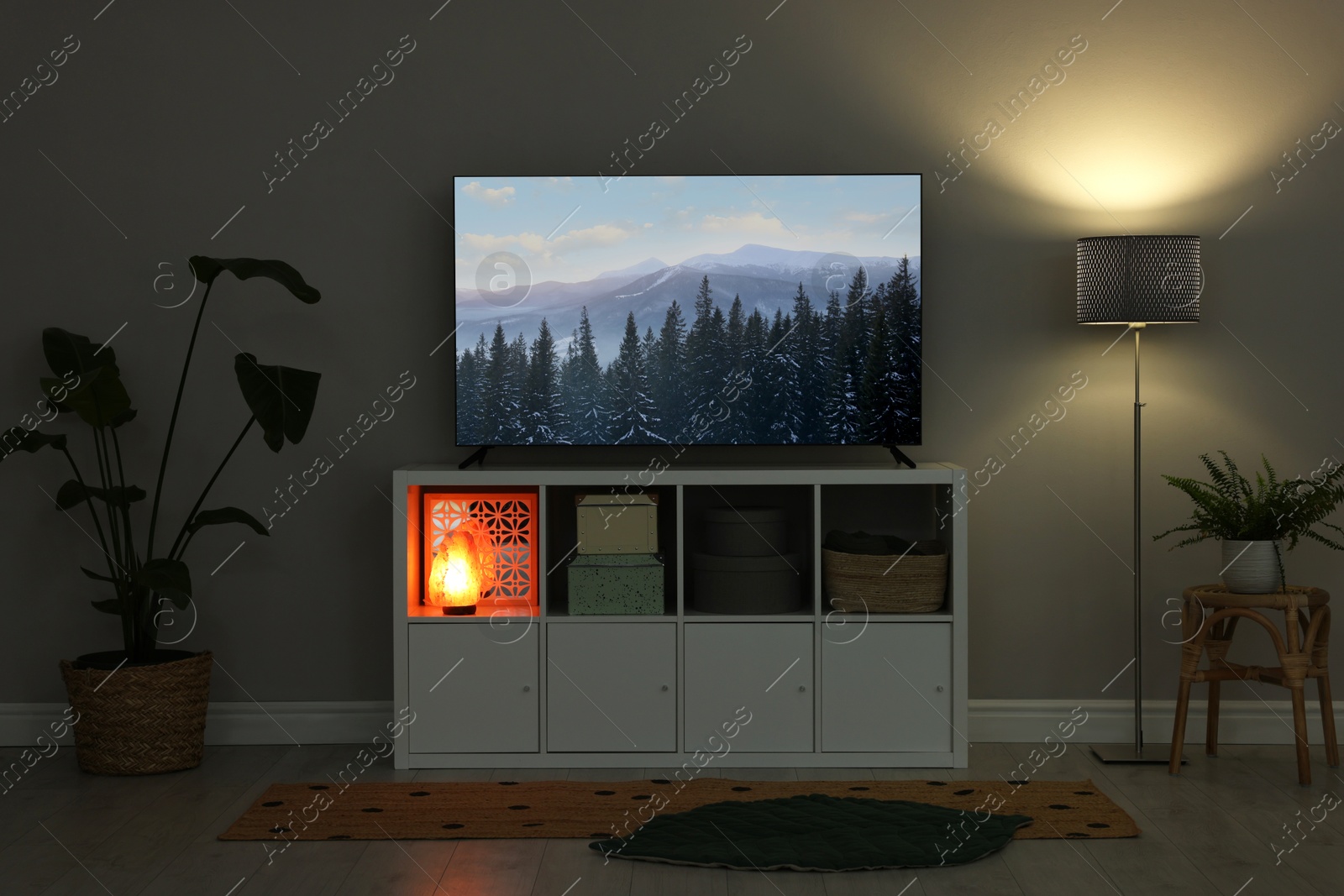 Image of TV set with nature landscape on screen in room