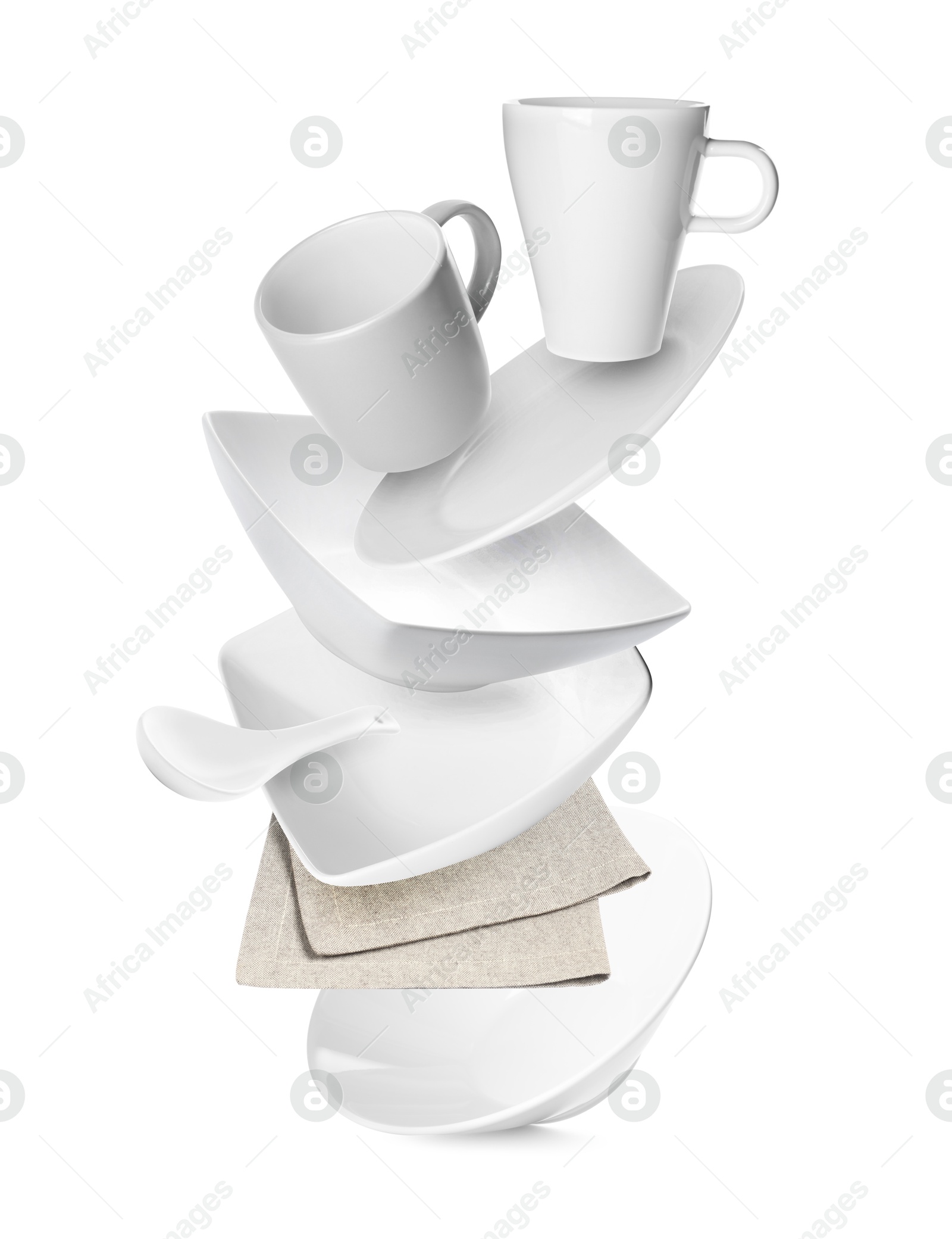 Image of Clean dishware and napkin flying on white background