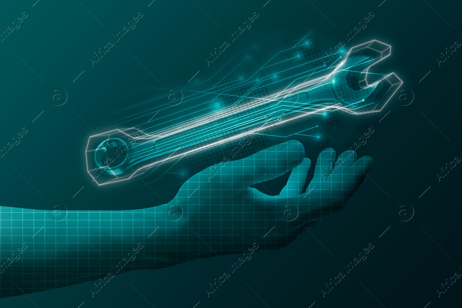 Image of Artificial intelligence (AI) in maintenance. Digital wrench levitating over hand in cyberspace