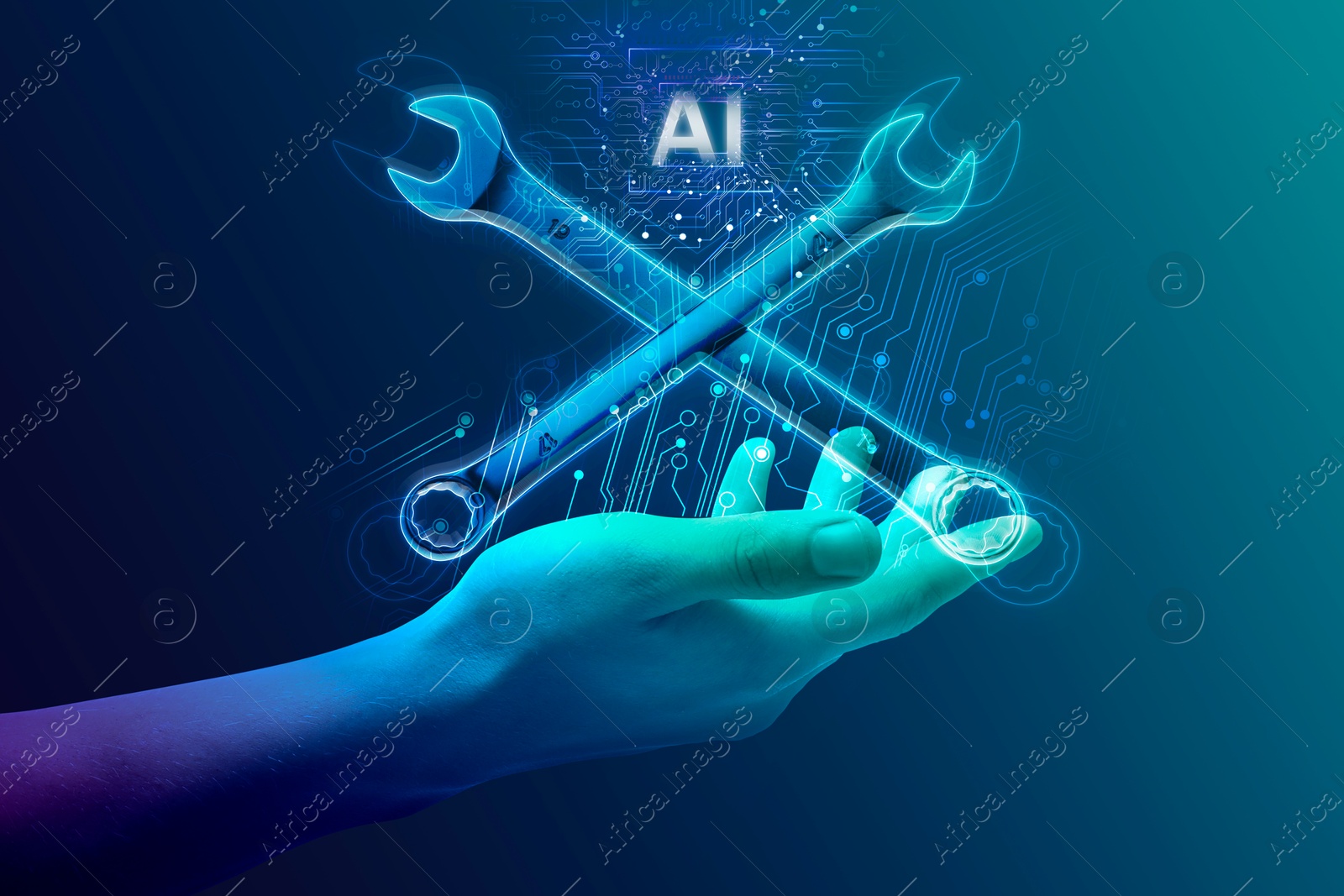 Image of Artificial intelligence in maintenance. AI abbreviation, digital wrenches and hand in cyberspace