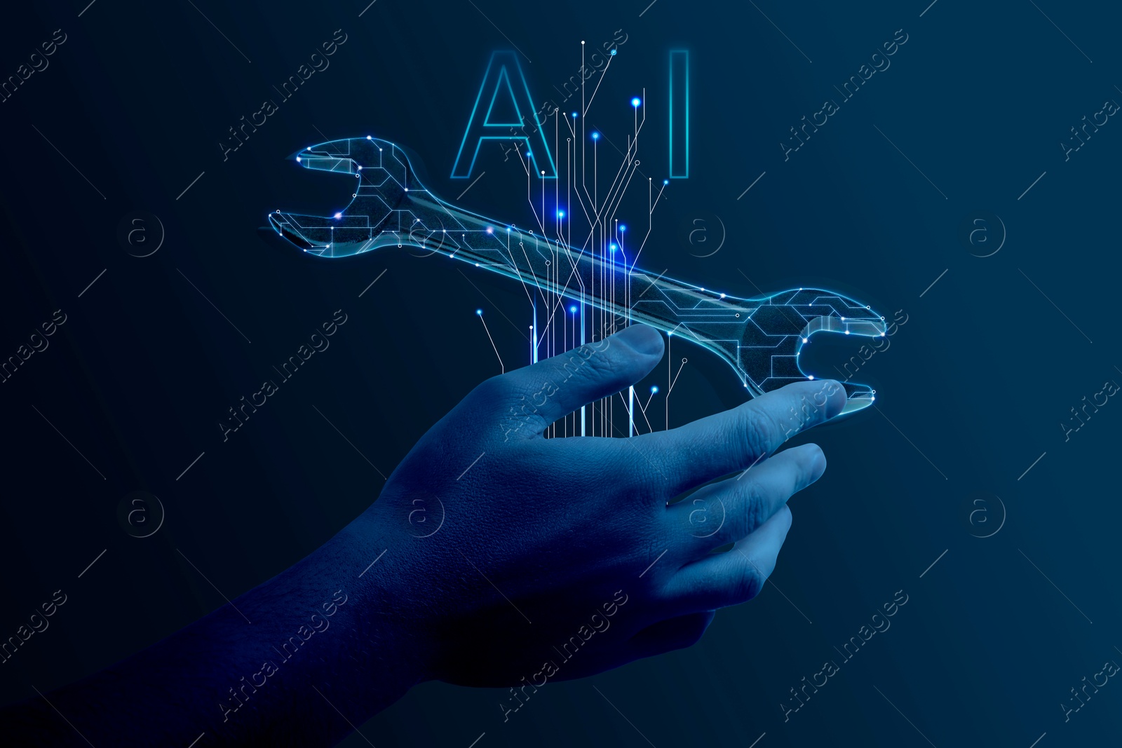 Image of Artificial intelligence in maintenance. AI abbreviation, digital wrench and hand in cyberspace