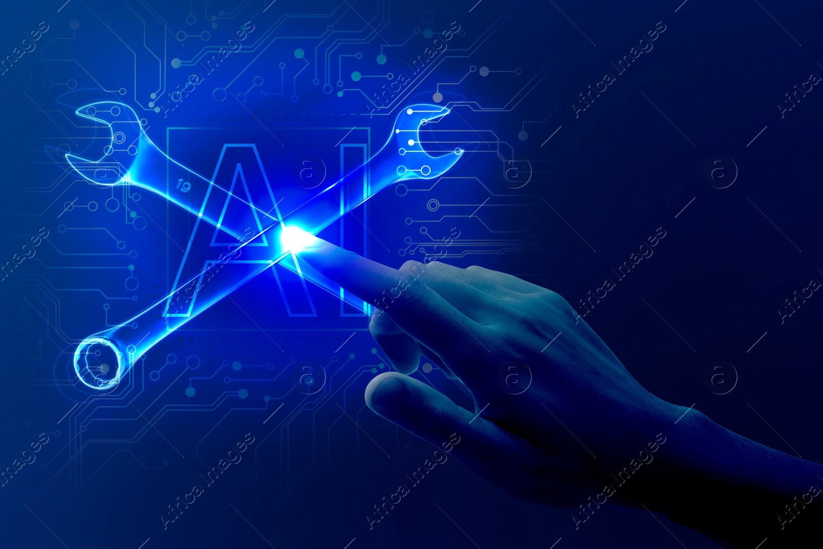 Image of Artificial intelligence in maintenance. Hand touching AI abbreviation and wrenches in cyberspace