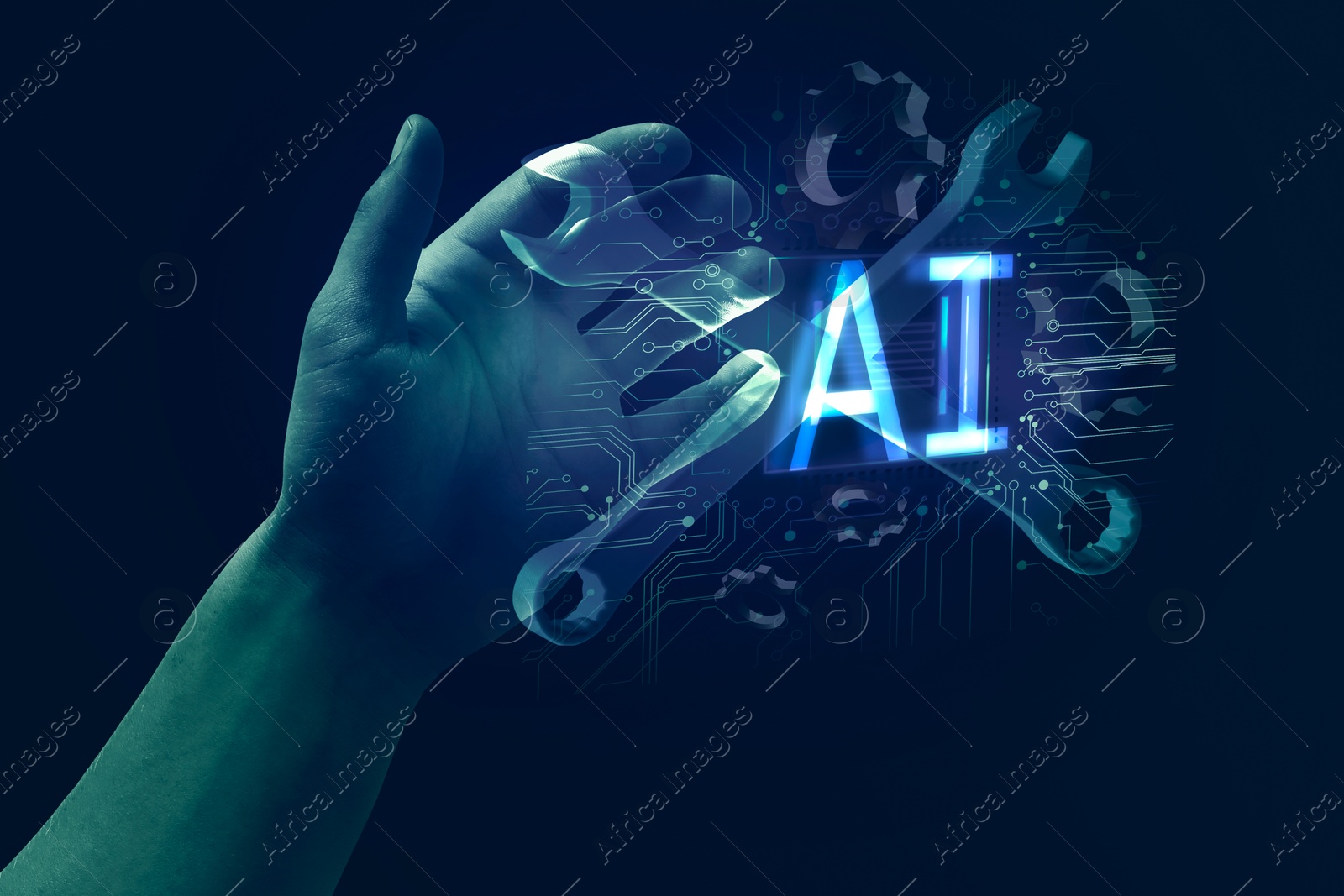 Image of Artificial intelligence in maintenance. AI abbreviation, wrenches, digital cogwheels and hand in cyberspace