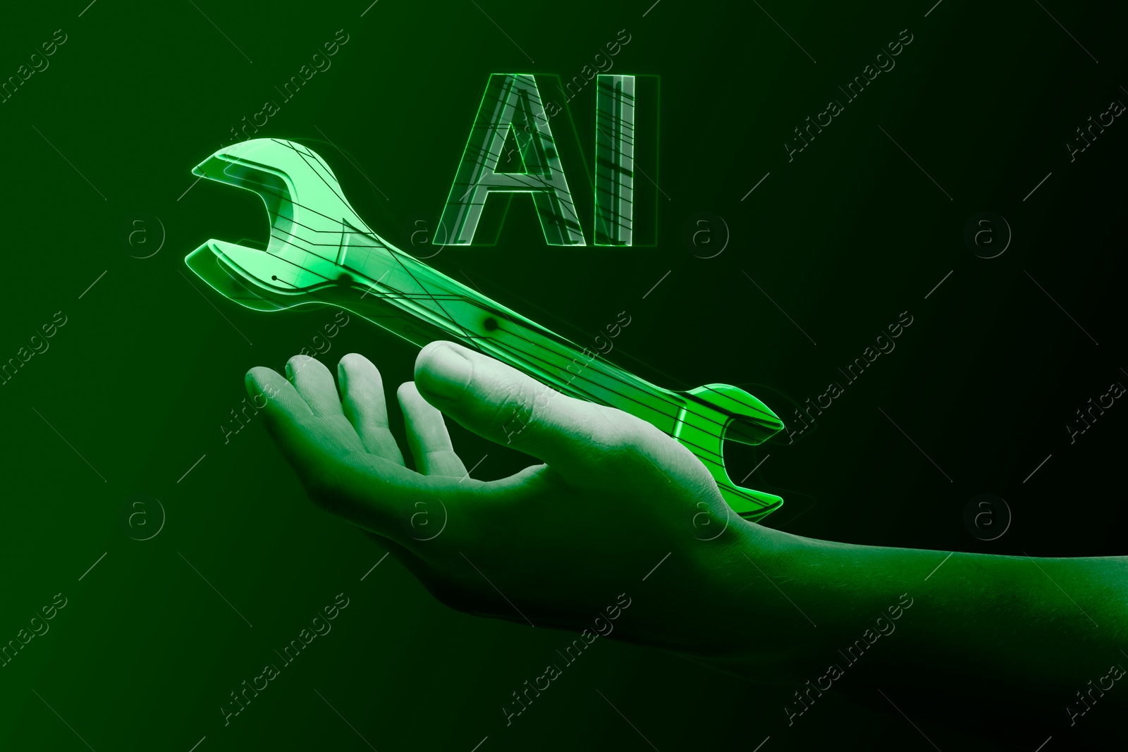 Image of Artificial intelligence in maintenance. AI abbreviation, digital wrench and hand in cyberspace