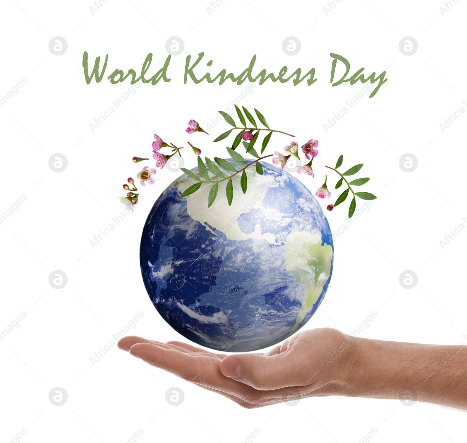 Image of World Kindness Day. Man holding Earth globe and flowers on white background