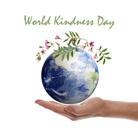 Image of World Kindness Day. Man holding Earth globe and flowers on white background