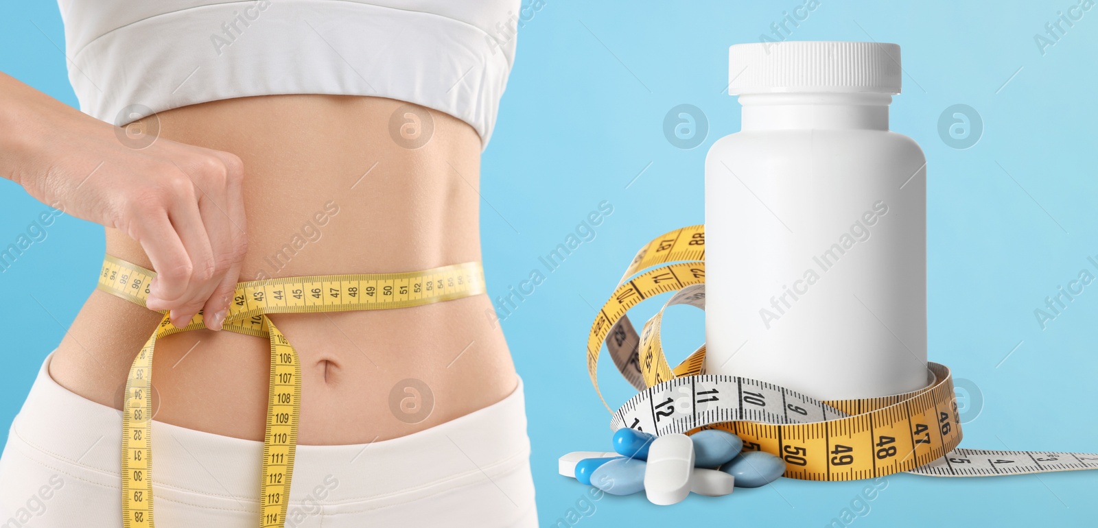 Image of Weight loss. Slim woman measuring her waist with tape and pills on light blue background, closeup