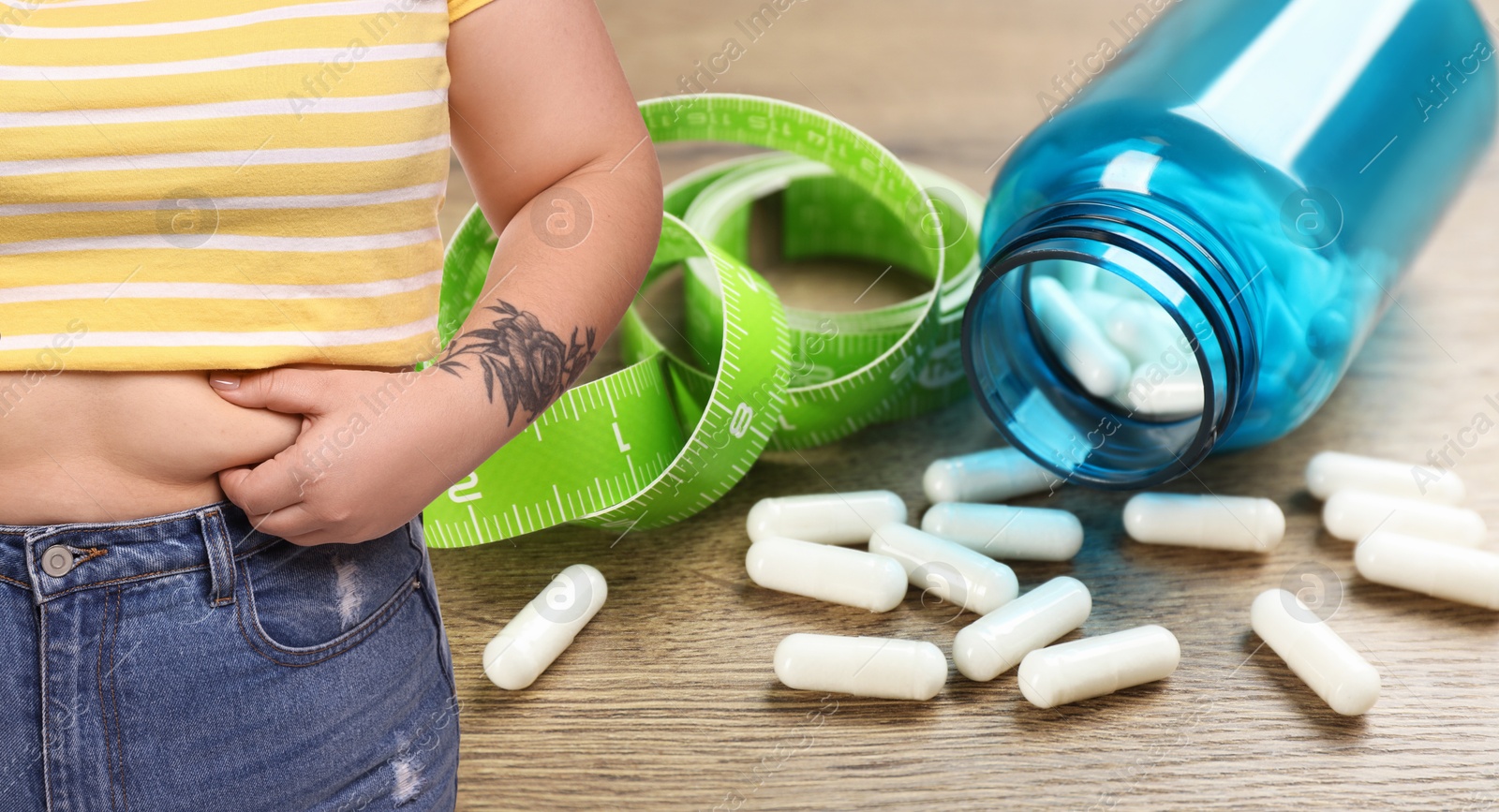 Image of Weight loss. Overweight woman and pills with measuring tape, closeup. Banner design