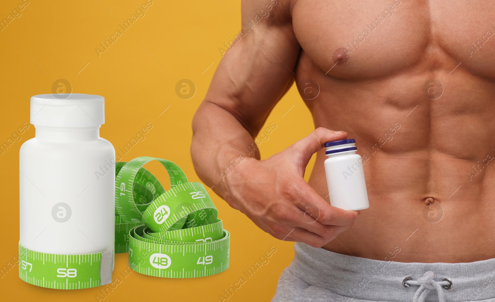 Image of Weight loss. Athletic man holding bottle of supplements and pills with measuring tape on orange background, closeup