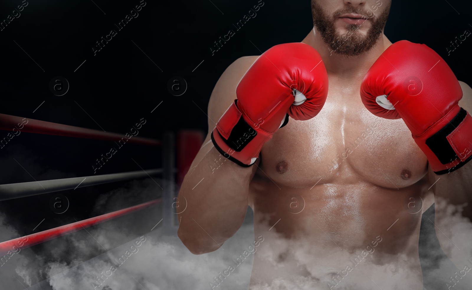 Image of Boxer wearing red gloves on boxing ring in smoke, closeup. Space for text