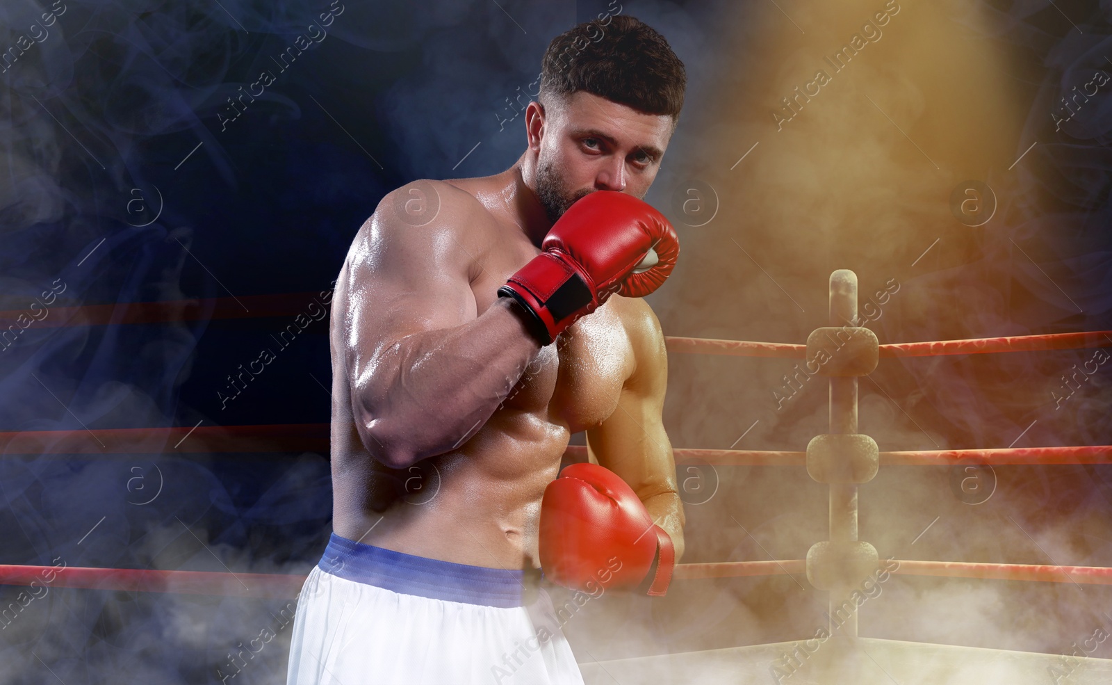 Image of Boxer fighting on boxing ring under spotlight in smoke