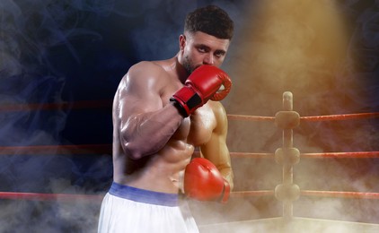 Image of Boxer fighting on boxing ring under spotlight in smoke