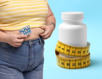 Image of Weight loss. Overweight woman and bottle of pills with measuring tape on light blue background, closeup