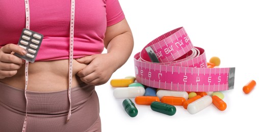 Image of Weight loss. Overweight woman with measuring tape and pills on white background, closeup. Banner design