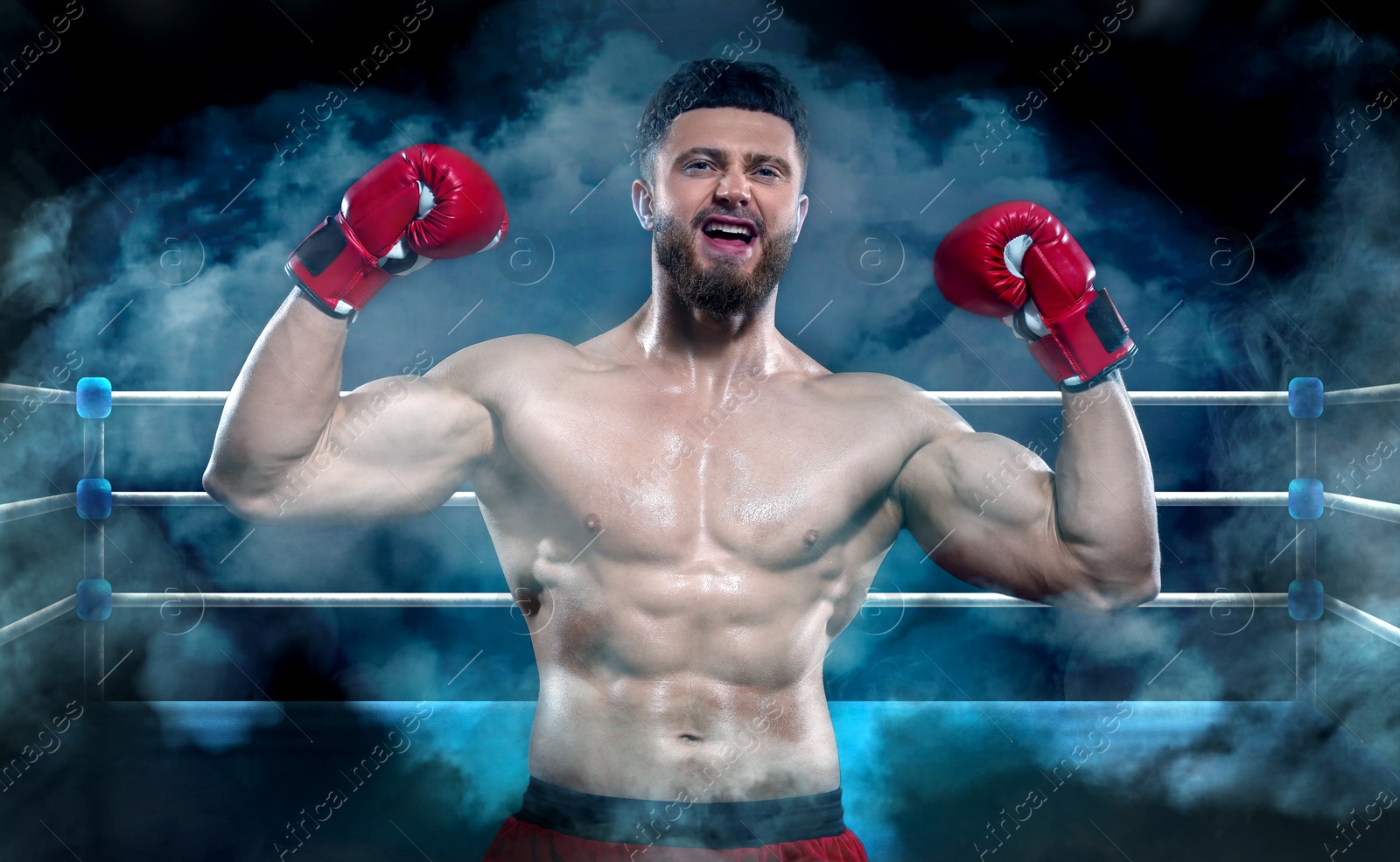 Image of Boxer celebrating victory on boxing ring in color smoke