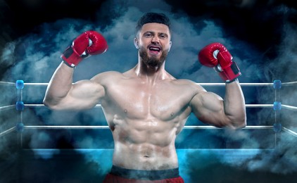 Image of Boxer celebrating victory on boxing ring in color smoke