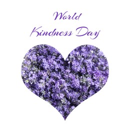 Image of World Kindness Day. Heart with lavender flowers on white background