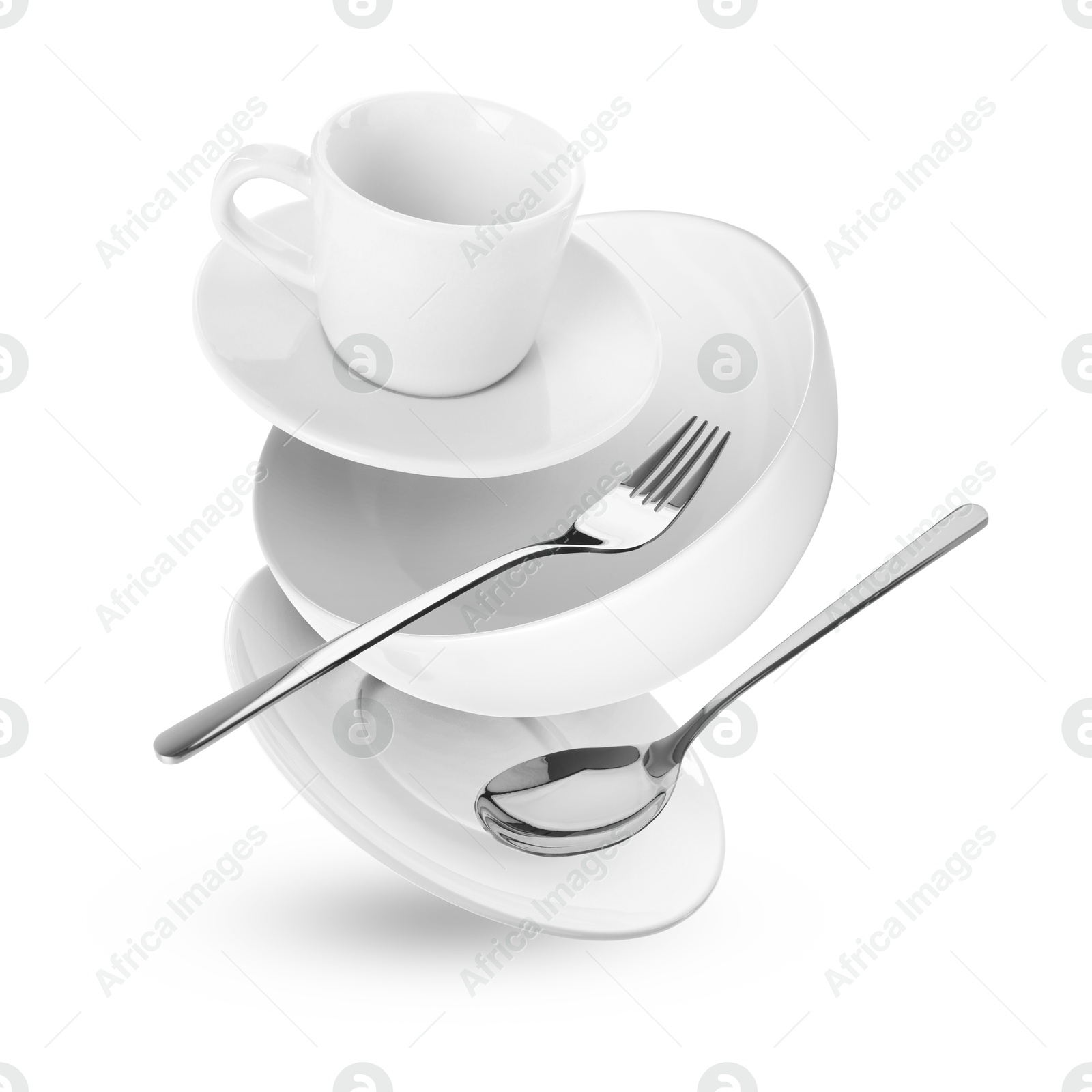 Image of Clean dishware and silverware flying on white background