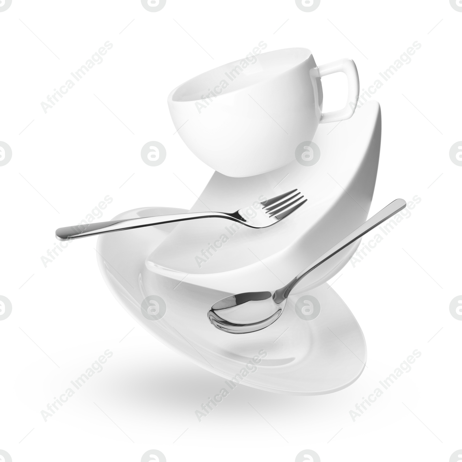 Image of Clean dishware and silverware flying on white background