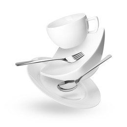 Image of Clean dishware and silverware flying on white background