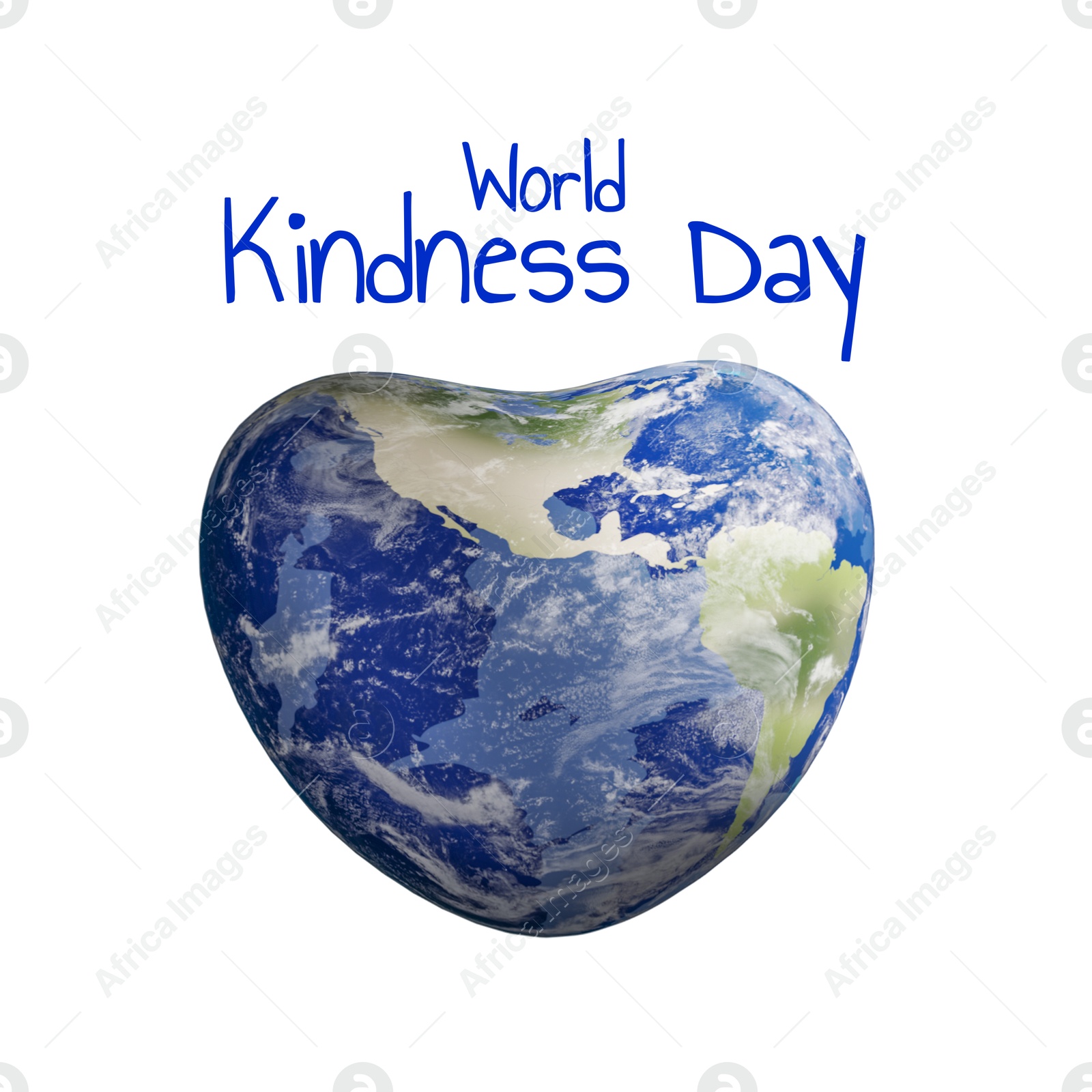 Image of World Kindness Day. Earth in shape of heart on white background