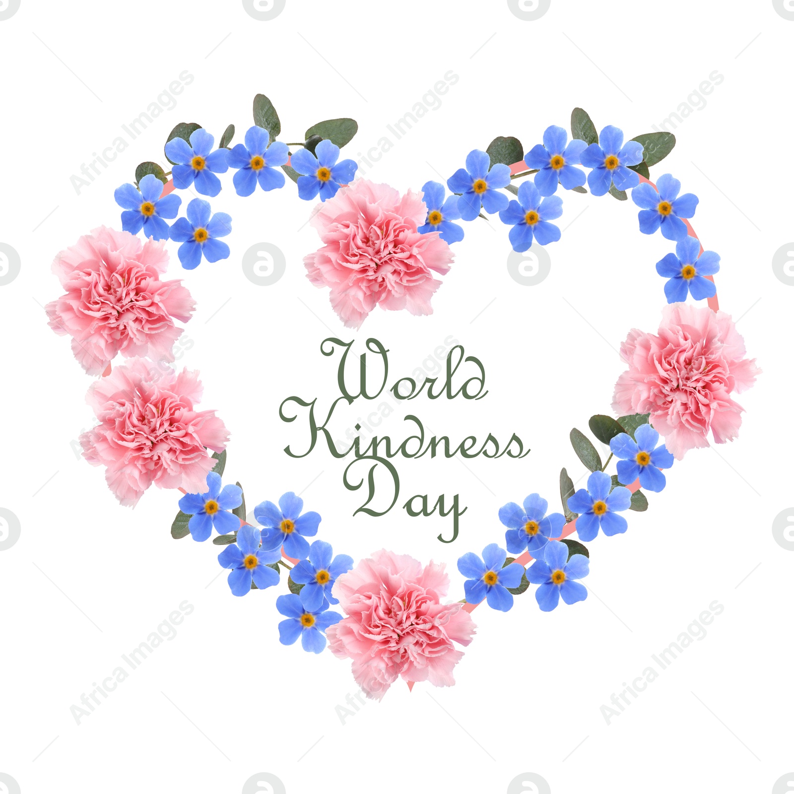 Image of World Kindness Day. Heart-shaped frame of beautiful flowers on white background