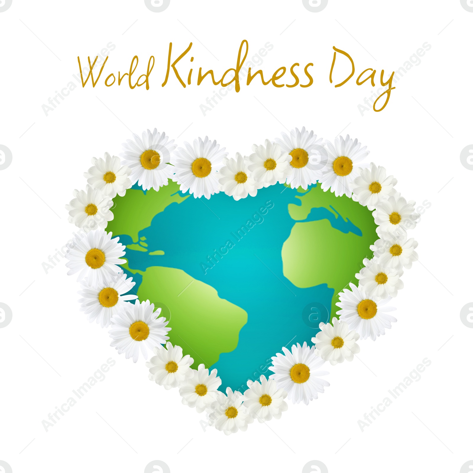 Image of World Kindness Day. Earth in shape of heart with flower outline on white background