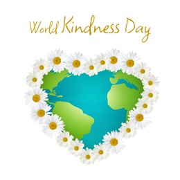 Image of World Kindness Day. Earth in shape of heart with flower outline on white background