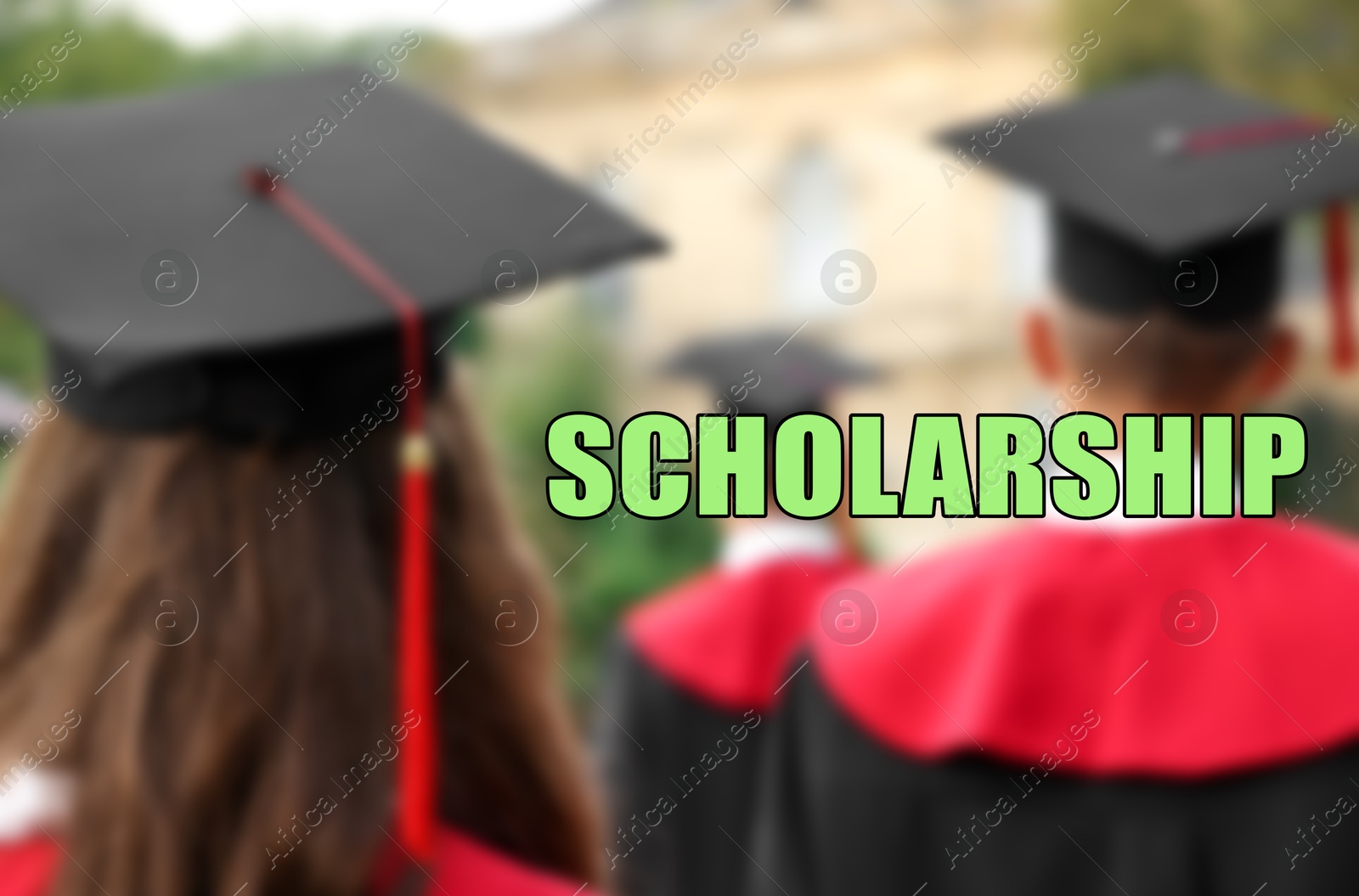 Image of Scholarship. Students at graduation ceremony outdoors, blurred view