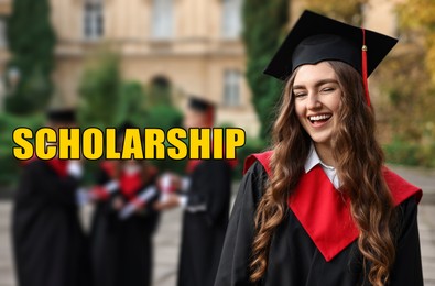 Image of Scholarship. Happy students at graduation ceremony outdoors, selective focus