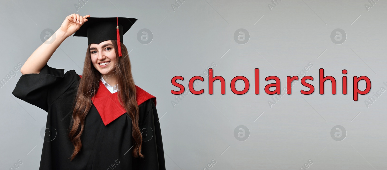 Image of Scholarship. Happy student in academic dress on grey background, banner design