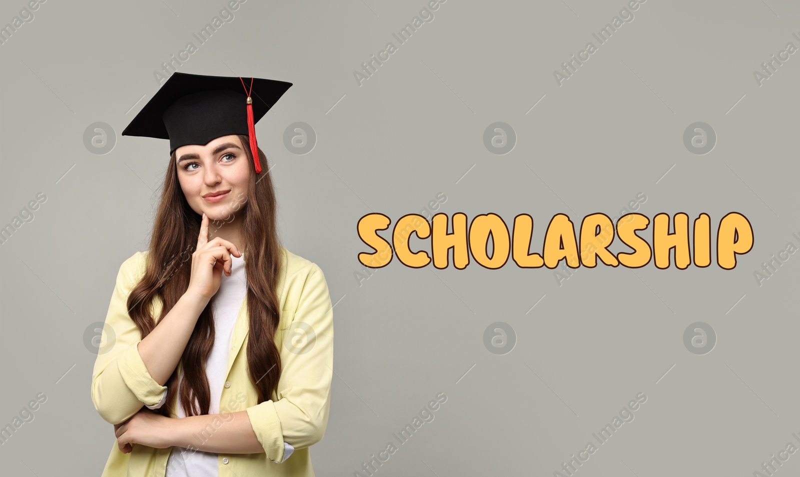 Image of Scholarship. Dreamy student with graduate cap on grey background, banner design