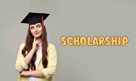 Image of Scholarship. Dreamy student with graduate cap on grey background, banner design