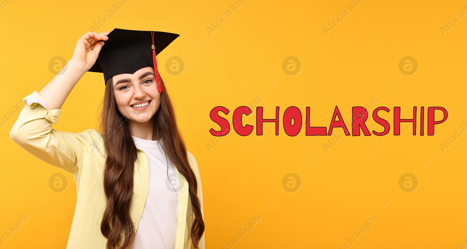 Image of Scholarship. Happy student with graduate cap on orange background, banner design