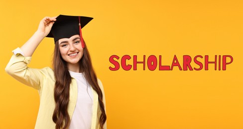 Image of Scholarship. Happy student with graduate cap on orange background, banner design