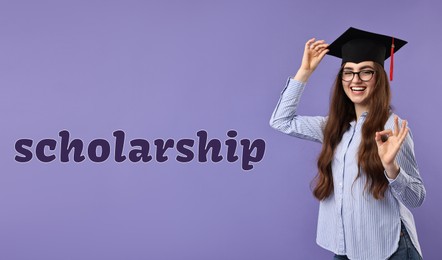 Image of Scholarship. Happy student with graduate cap showing ok on violet background, banner design